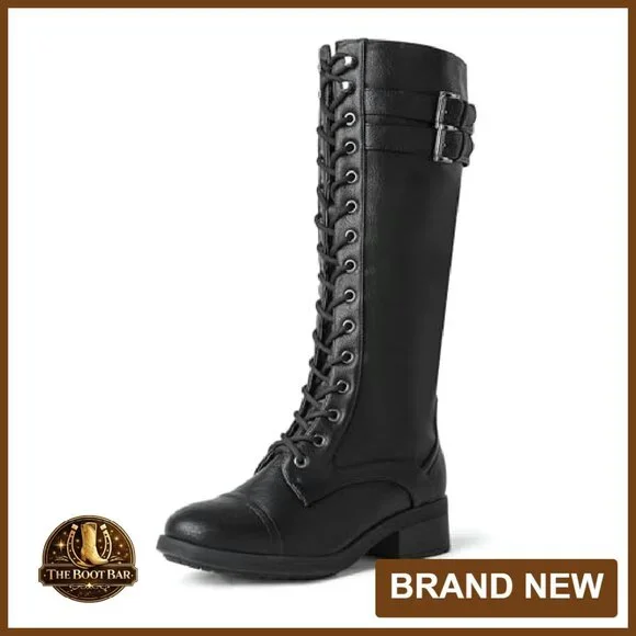 Women's Knee High Combat Boots with Buckles & Zipper Size 7